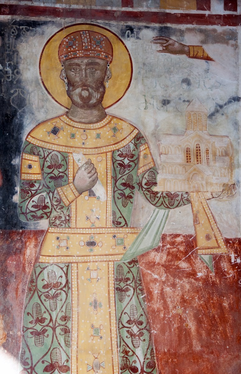 Medieval fresco of King David IV of Georgia, holding a model of a church